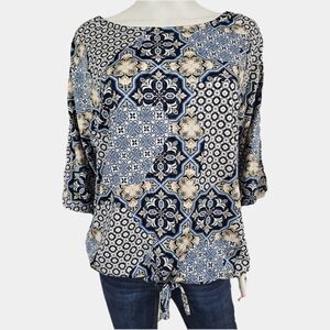 PerSeption Concept Boho Moziac Scoop Neck 3/4 Cutout Sleeve Blouson Size L
